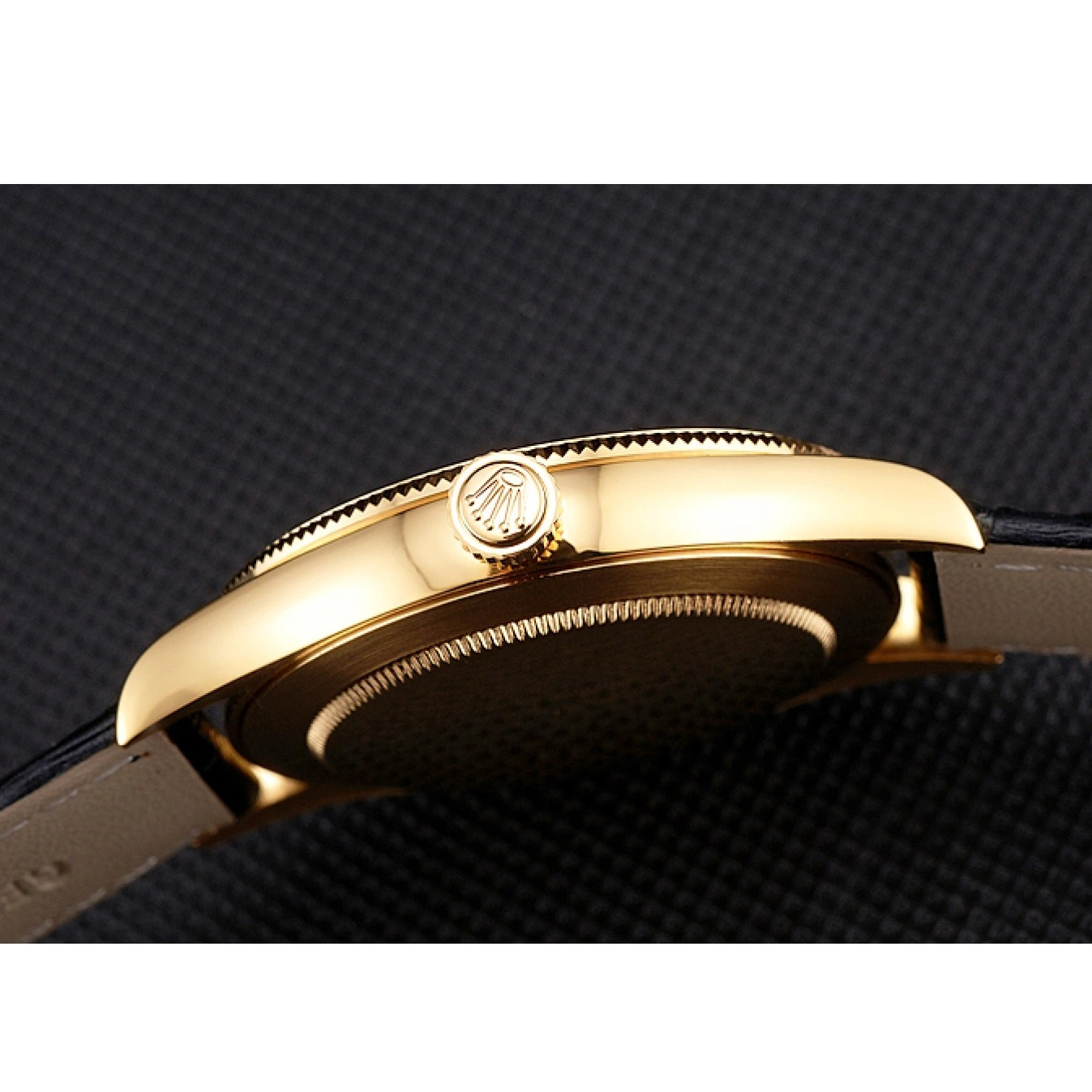 AAA replica watch Case Gold Swiss Black Leather Strap Datejust Black Dial Rolex 0728